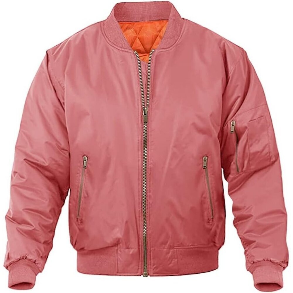 Men's Bomber Jacket Casual Pink Winter Warm Coats Zipper Pocket Design Outwear